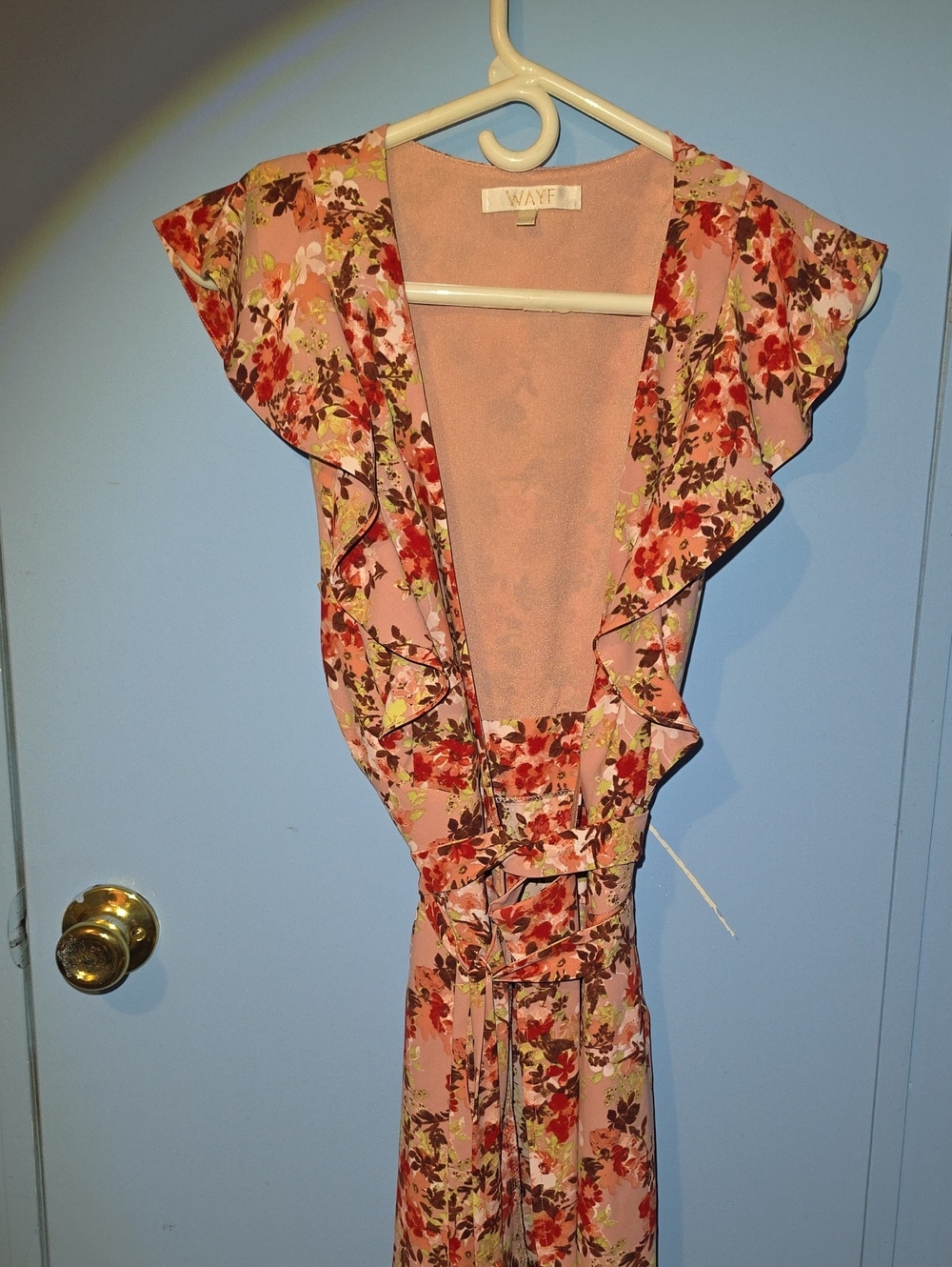 Wayf Blush Floral Ruffle Wrap Dress